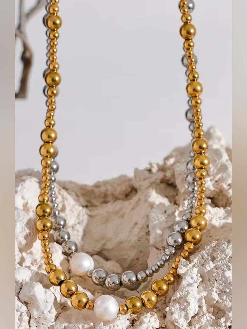 Silver color Beaded Necklace with Pearl Accent - Picture 7 of 8